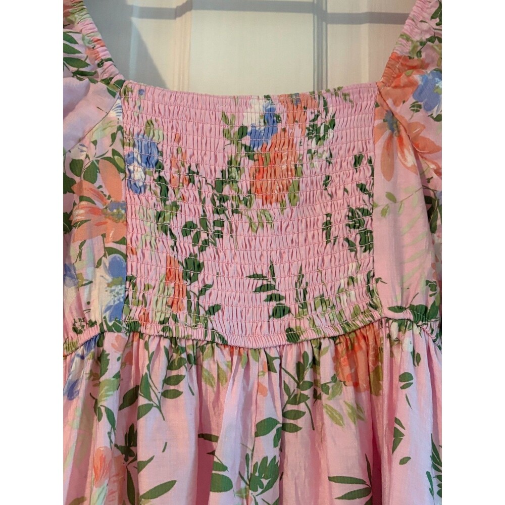 By The River Floral Midi Dress Womens S Pink Puff Sleeve Smocked Cottagecore - Picture 4 of 7